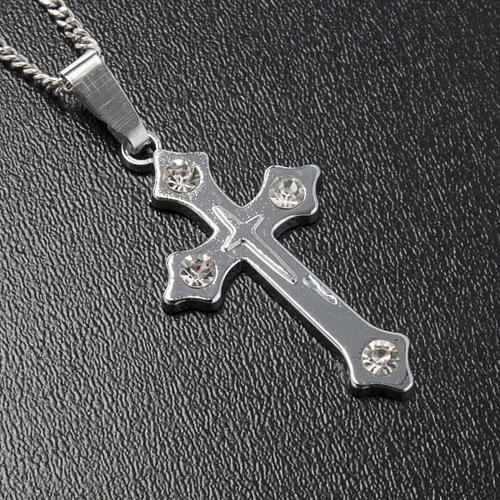 Cross pendant, trefoil in metal with rhinestones and chain 2