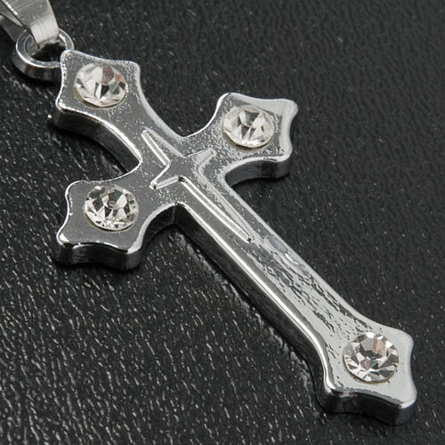 Cross pendant, trefoil in metal with rhinestones and chain 3