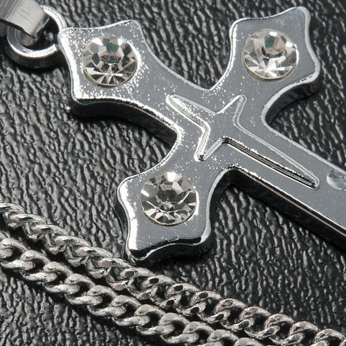 Cross pendant, trefoil in metal with rhinestones and chain 4