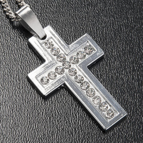 Cross pendant, classic in metal with rhinestones and chain 2
