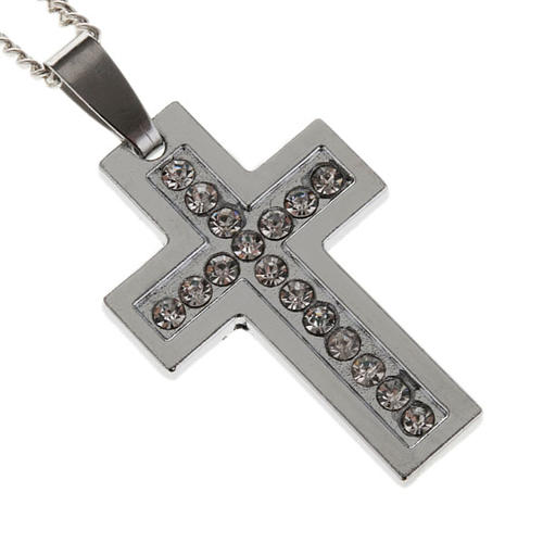 Cross pendant, classic in metal with rhinestones and chain 1