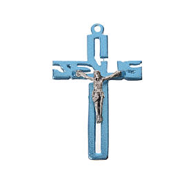 Crucifijo colgante estilizado en zamak azul claro