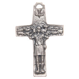 Pendant cross with incision of a shepherd with a sheep in antique silver with galvanic plating