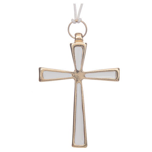 Croix métal doré émail blanc et cordon 7 cm 1