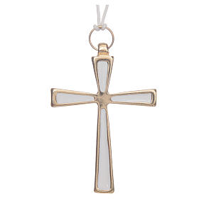 Krzyż metal pozłacany emalia biała i sznurek 7 cm