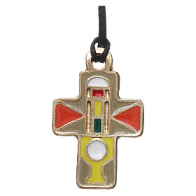 Necklace with metal cross decorated with yellow, grey, orange enamel