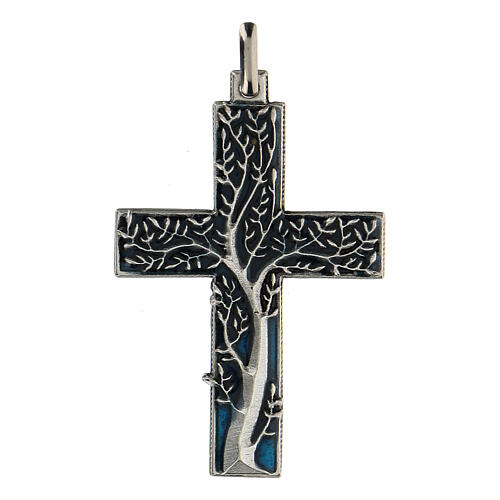 Zawieszka w kształcie krzyża z drzewem życia niebieski 5 cm zamak 1
