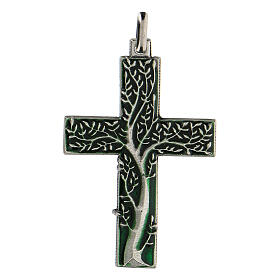 Anhänger, Kreuzform, mit Lebensbaum, Zamak und grünes Emaille, 5 cm