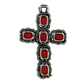 Cruz catedral prata efeito antigo esmalte vermelho