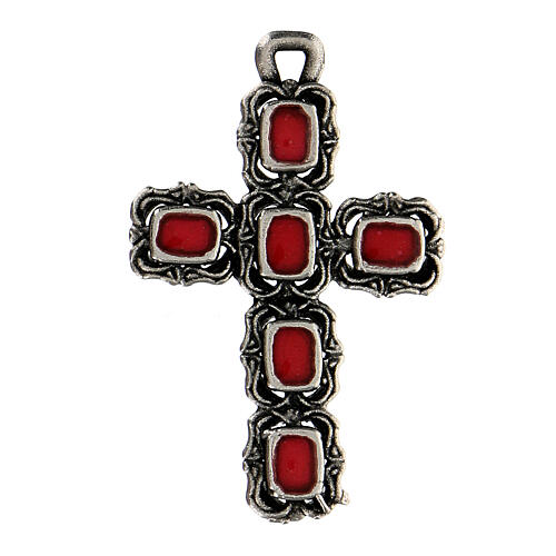 Cruz catedral prata efeito antigo esmalte vermelho 1