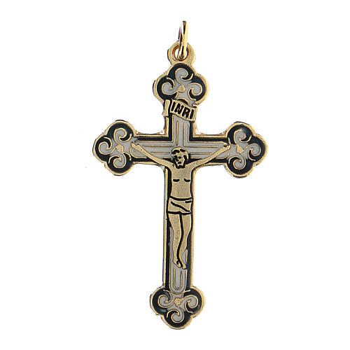 Golden crucifix pendant blue background 1