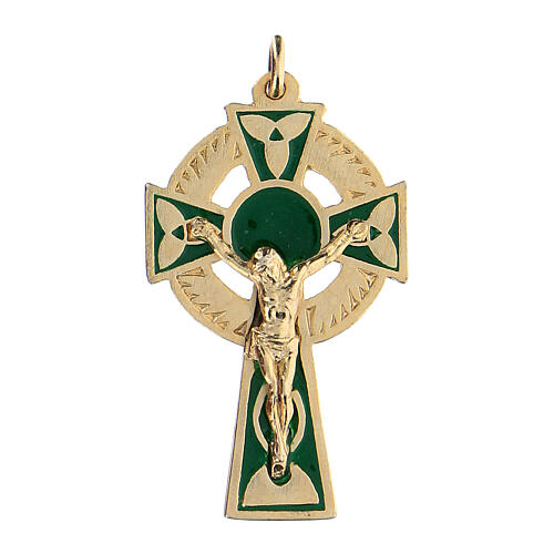 Pingente dourado cruz céltica fundo verde 4,3x2,5 cm 1