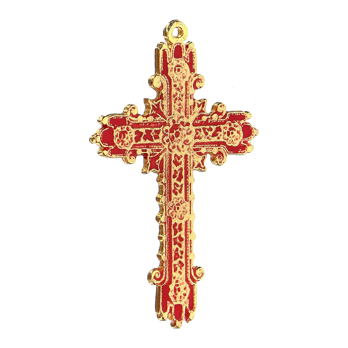 Gold tone Cross with red enamel pendant.