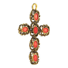 Pendentif croix cathédrale dorée émail rouge