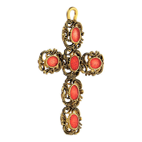 Pendentif croix cathédrale dorée émail rouge 2
