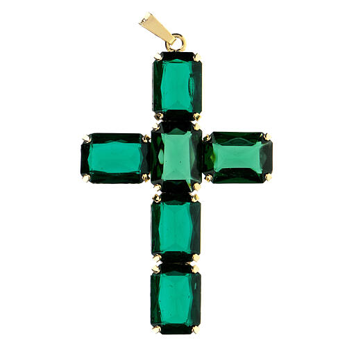 Kreuzanhänger aus vergoldeten Messing, mit smaragdgrünen Kristallen 1