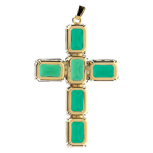 Kreuzanhänger aus vergoldeten Messing, mit smaragdgrünen Kristallen 3
