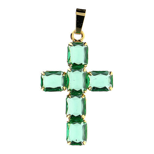 Kreuzanhänger aus vergoldetem Messing, mit hellgrünen Kristallen 1