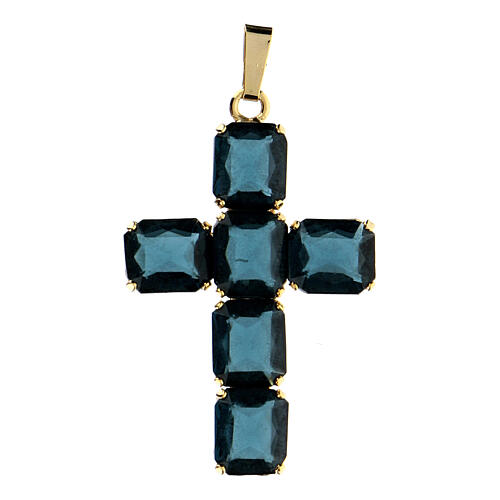 Kreuzanhänger aus vergoldetem Messing, mit blauen Kristallen 1