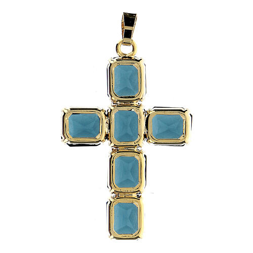 Kreuzanhänger aus vergoldetem Messing, mit blauen Kristallen 3
