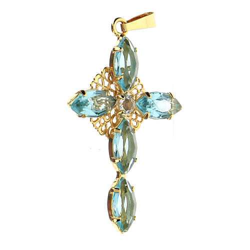 Kreuzanhänger aus vergoldetem Messing, mit aquamarinblauen Kristallen 2