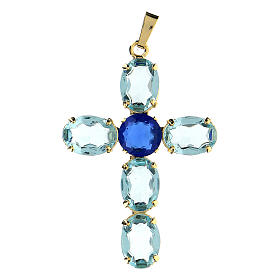 Pingente cruz cristais ovalados azul-turquesa