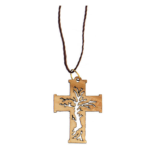 Halskette, Kreuzanhänger durchbrochen, Lebensbaum, Olivenholz, Bethlehem 1