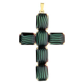 Croix pendentif cristal noir bariolé vert laiton doré 8 cm