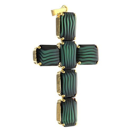 Croix pendentif cristal noir bariolé vert laiton doré 8 cm 2