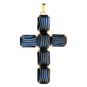 Croix pendentif laiton doré cristal noir bleu 8 cm