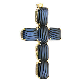 Cross pendant in golden brass, black and blue crystal 8 cm