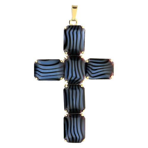 Cross pendant in golden brass, black and blue crystal 8 cm 1