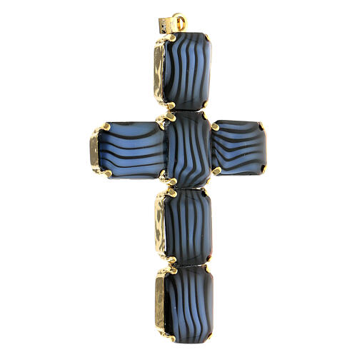 Cross pendant in golden brass, black and blue crystal 8 cm 2