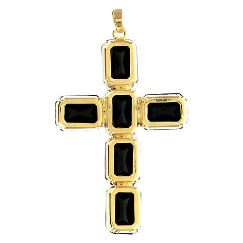 Cross pendant in golden brass, black and blue crystal 8 cm 3