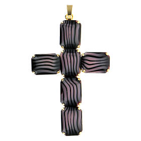 Cross-shaped pendant, brass, variegated crystal, black and purple, 8 cm