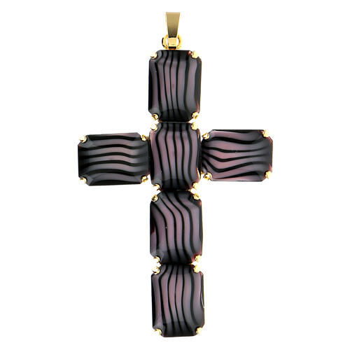 Cross-shaped pendant, brass, variegated crystal, black and purple, 8 cm 1