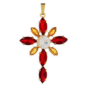 Flower cross pendant bezel-set red yellow crystal stones