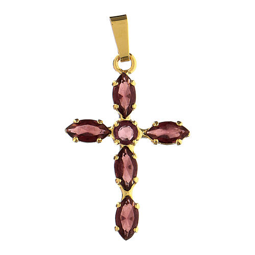 Thin cross pendant, zamak settings and marquise stones, purple crystal 1