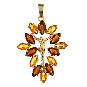Pendant with zamak marquise settings, brown and amber crystal stones and body of Christ