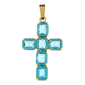 Cross pendant with zamak settings and rectangular blue crystal stones