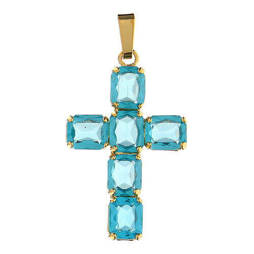 Cross pendant with zamak settings and rectangular blue crystal stones 1