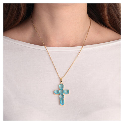 Cross pendant with zamak settings and rectangular blue crystal stones 2