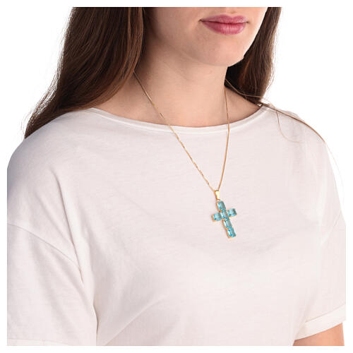 Cross pendant with zamak settings and rectangular blue crystal stones 4