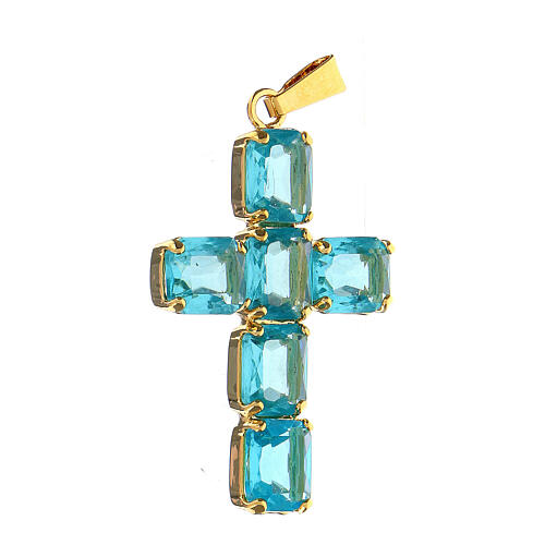 Pingente cruz metal zamak com cristais retangulares cor turquesa 3