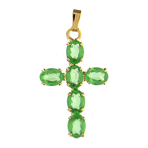 Kreuz-Anhänger, aus Zamak, mit gefassten hellgrünen durchscheinenden Kristallen 1