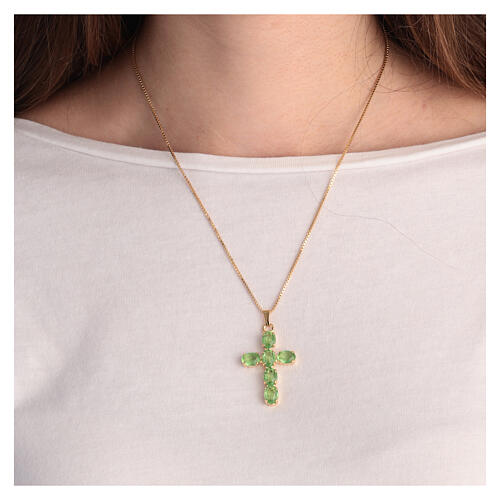 Cross-shaped pendant with zamak settings and oval crystals, light green 2