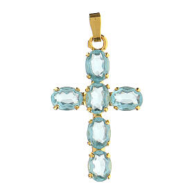 Cross pendant, zamak settings and oval clear blue crystal stones