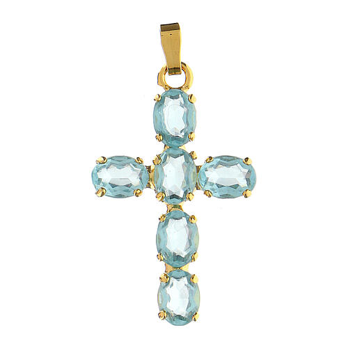 Cross pendant, zamak settings and oval clear blue crystal stones 1