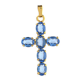 Kreuz-Anhänger, aus Zamak, mit gefassten blauen durchscheinenden Kristallen