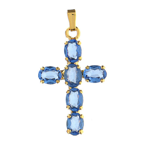 Kreuz-Anhänger, aus Zamak, mit gefassten blauen durchscheinenden Kristallen 1